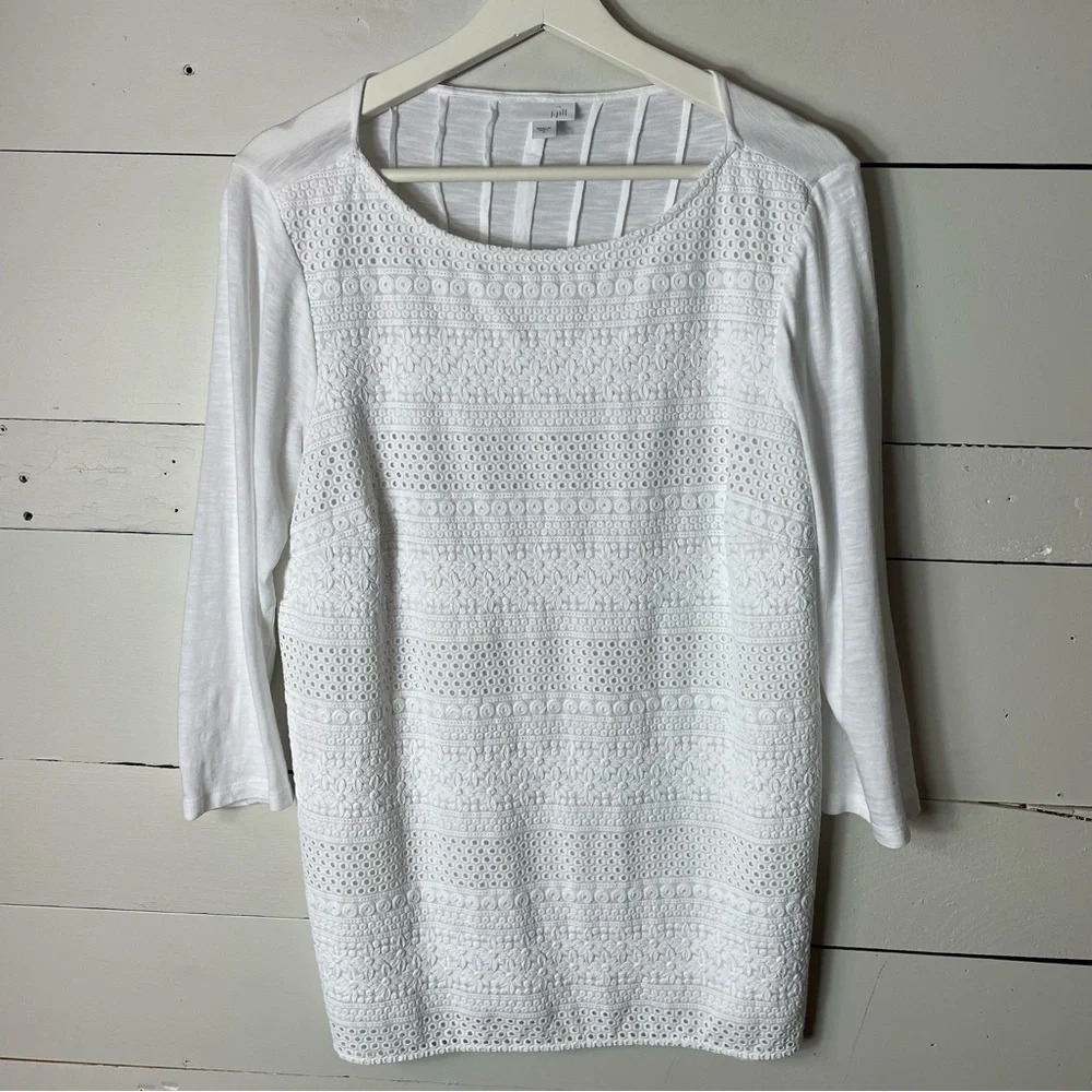 J. Jill Women's Eyelet Embroidery Detail Tunic Top 3/4 Sleeve White Size S